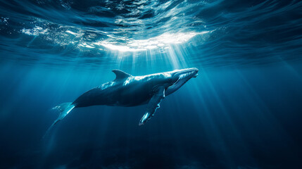 a cinematic photo of a whale in the deep blue sae, stunning sunbeams cutting through the water,...