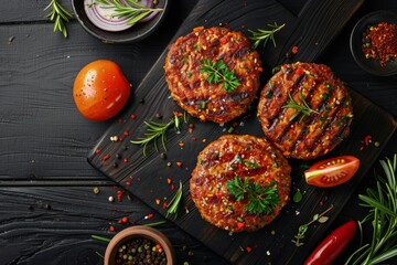 Grilled meat cutlets arranged on black wooden table in a flat lay composition - obrazy, fototapety, plakaty