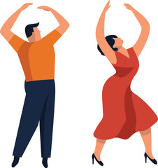 Man and woman in elegant clothes dancing together, lady in red dress, gentleman in orange shirt. Couple enjoying dance movements vector illustration.