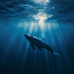 Fototapeta premium a cinematic photo of a whale in the deep blue sae, stunning sunbeams cutting through the water, medium distance