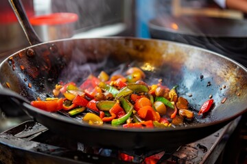 Food photography featuring a wok pan and fried vegetables
