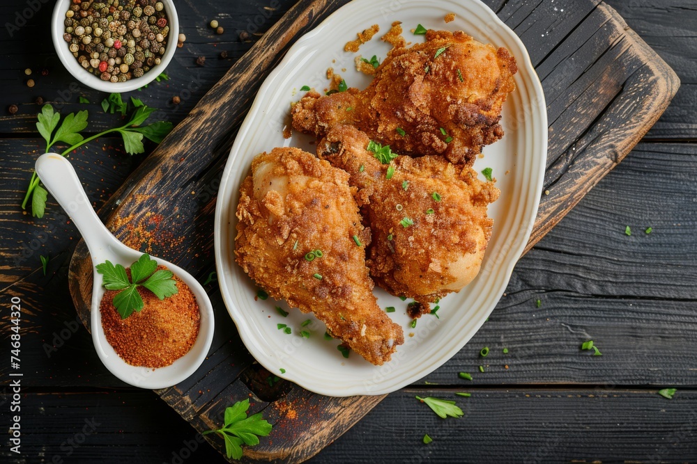 Wall mural Fried chicken cutlets with breadcrumbs and spices on wooden boards seen from above