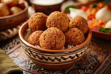 Fried falafel Traditional Middle Eastern snack served with a side and shown close up