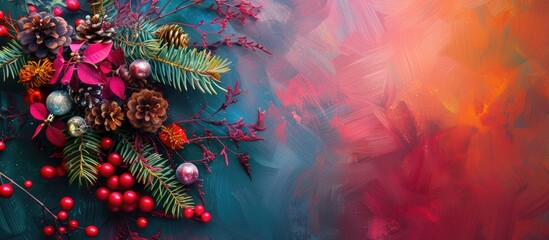 Fototapeta na wymiar A painting featuring pine cones and berries arranged in a festive Christmas holiday theme against a vibrant blue background. The detailed brushstrokes capture the textures and colors of the elements.