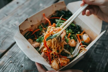 Friends holding chop sticks with green Wok Noodles in a takeout box