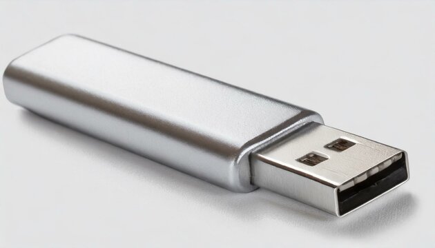 Side view of silver USB memory stick isolated clipping path white background 