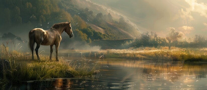 A painting depicting a majestic horse standing gracefully in the grass near a tranquil river. The horse exudes strength and elegance as it overlooks the serene water body.