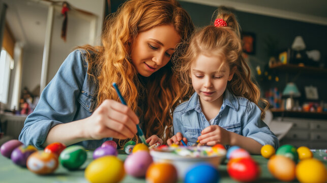 A woman and a child decorating colorful Easter eggs together in a festive celebration. Ai generative illustration