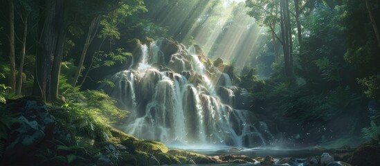 A majestic waterfall cascades down rocks in the midst of a lush forest. The clear water glistens as it falls, surrounded by tall trees and vibrant greenery. - obrazy, fototapety, plakaty