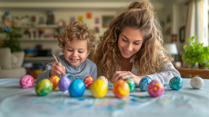 Fototapeta na wymiar A mother and child enjoy festive Easter egg preparation together. Ai generative illustration