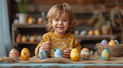 Fototapeta premium A child is engaging in Easter preparation, surrounded by festive colored eggs, reflecting the holiday celebration concept. Ai generative illustration
