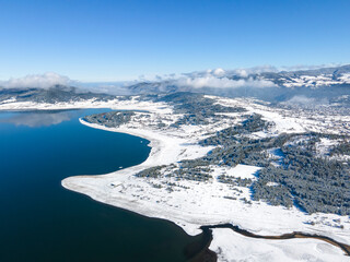 Aerial winter view of Batak Reservoir, Bulgaria