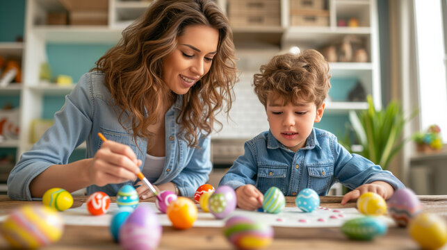 A woman and a kid decorate colorful Easter eggs, showing a festive preparation activity. Ai generative illustration