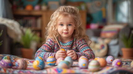 A child is decorating Easter eggs, showcasing a festive holiday celebration concept. Ai generative illustration