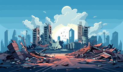 destroyed city demolished buildings vector flat isolated illustration - obrazy, fototapety, plakaty