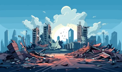 Fotobehang destroyed city demolished buildings vector flat isolated illustration © Viacheslav