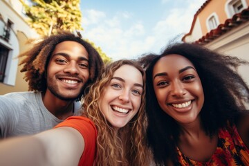 Obraz premium Group of friends take a selfie. Smiling different internationals friends look at camera