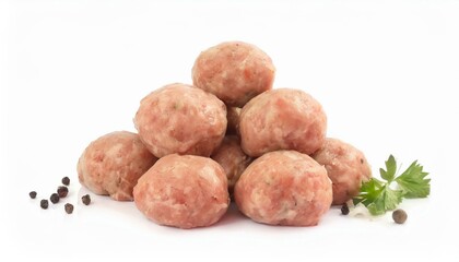 Pile of fresh raw meatballs clipping path white background