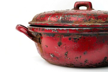 Isolated red cast iron pot on white background