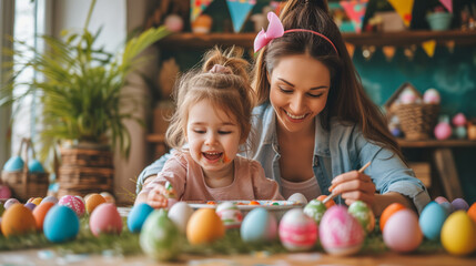 A woman and a child are decorating Easter eggs together in a festive setting. Ai generative illustration - obrazy, fototapety, plakaty