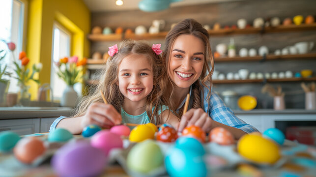A mother and daughter celebrating Easter by painting eggs together. Ai generative illustration