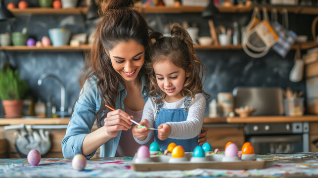 A woman and a child together painting Easter eggs for a festive holiday celebration. Ai generative illustration