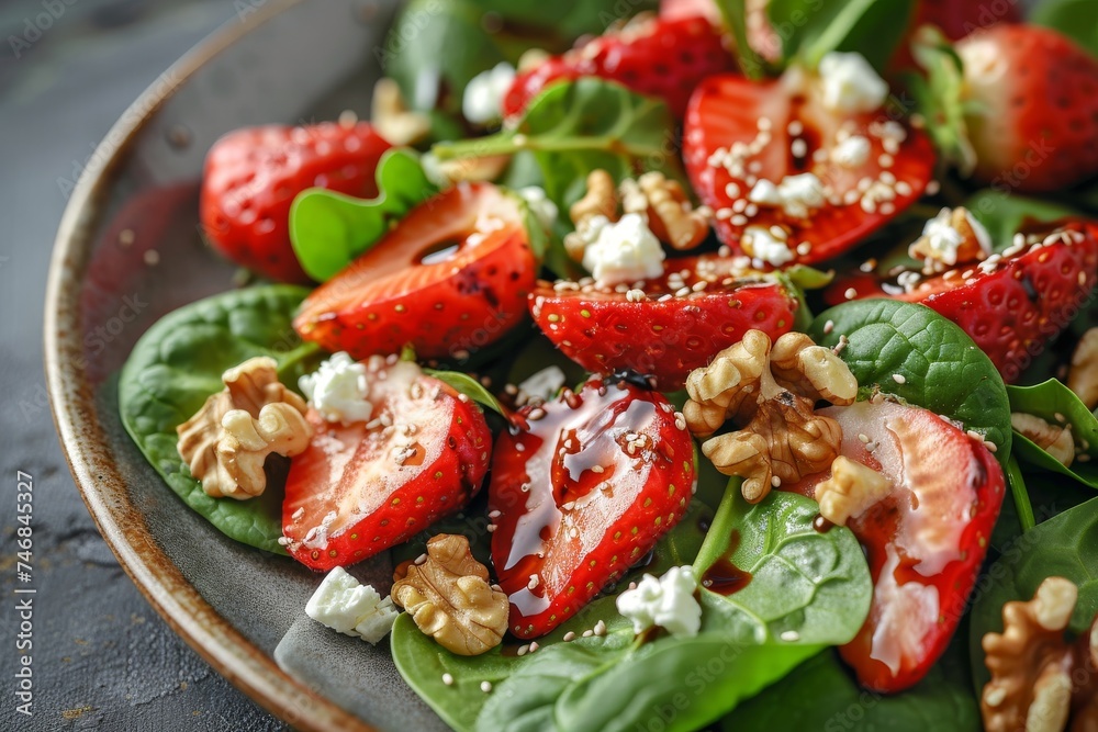 Sticker Healthy summer salad with strawberries spinach walnuts feta balsamic vinegar and kale on a plate