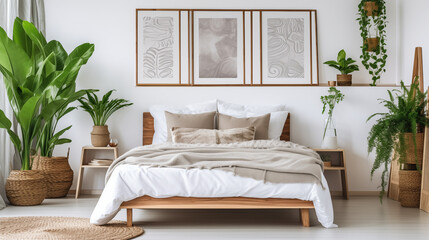 Mockup - obraz na ścianie. Jasna przytulna sypialnia w stylu boho lub skandynawskim. Brązowe i białe kolory wystroju wnętrza i dodatków. Render 3d. Wizualizacja