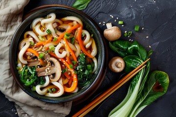 Healthy vegetarian Japanese stir fried Udon with Bok choy carrot onion champignons garlic ginger and soy sauce - obrazy, fototapety, plakaty