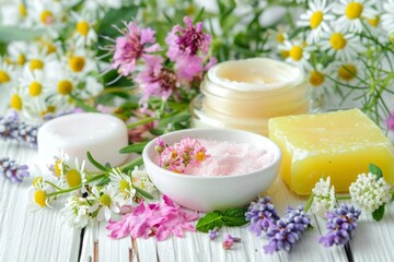 Fototapeta na wymiar Herbal flowers on a white wooden table display cosmetic creams lip balm soap and bath salt