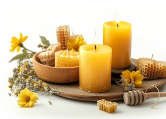 Obraz na płótnie Canvas Honey wax and candles on white background Spa and alternative medicine
