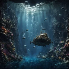 Deurstickers Underwater world at the depth of the ocean. Underwater gorges and tunnel. Lots of underwater organisms and fish. Underwater deep world, sea darkness, algae glow, blue neon, corals. AI © Fajar