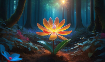 Mythical Fantastic flowers giving light in the dark forest