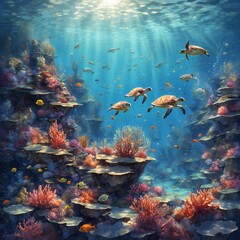 Fototapeta na wymiar Underwater world with corals and tropical fish. Sunlight breaks through the surface of the water