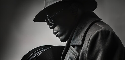 Black and white photography of African American spy or detective investigator. Studio light background 