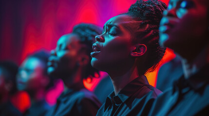 Male and female African Americans singing gospel in a church choir. - obrazy, fototapety, plakaty