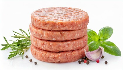 Stack of fresh raw burger patty isolated clipping path white background