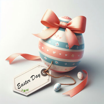 painted easter egg with bow and label concept easter on white background with free space created with generative ai.	