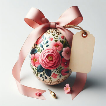 painted easter egg with bow and label concept easter on white background with free space created with generative ai.	
