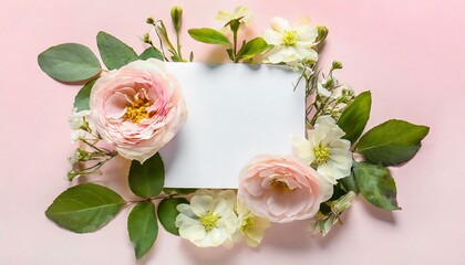 Composition with blank card and delicate flowers on pink background 