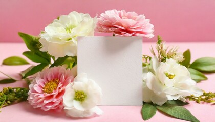Composition with blank card and delicate flowers on pink background