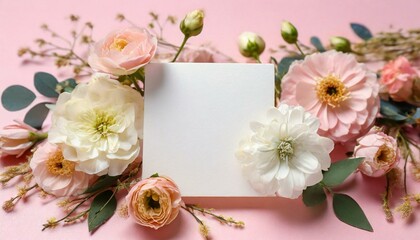 Composition with blank card and delicate flowers on pink background