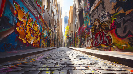A wide-angle shot of a city street. The graffiti murals on both sides of the street. The designs of...