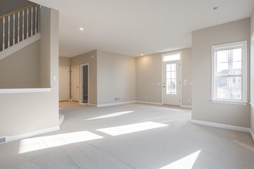 Fototapeta na wymiar Spacious new construction home interior with modern design, empty living room with natural light
