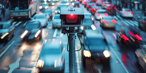 Urban Surveillance: Traffic Monitoring Red Light Camera Overseeing Busy Streets. Generative AI. - obrazy, fototapety, plakaty
