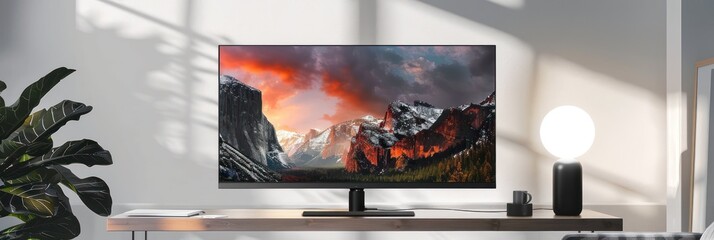Modern television on desk displaying vibrant scenery