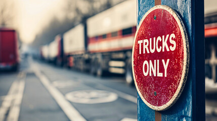 Circle red sign with text "Trucks only." Trucks with trailers parked in the background, transportation profession or occupation, job in the industry lifestyle, business shipping of the goods, products