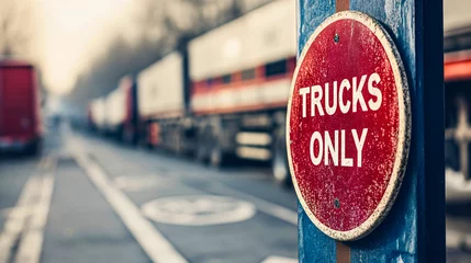 Foto op Plexiglas Circle red sign with text "Trucks only." Trucks with trailers parked in the background, transportation profession or occupation, job in the industry lifestyle, business shipping of the goods, products © Nemanja