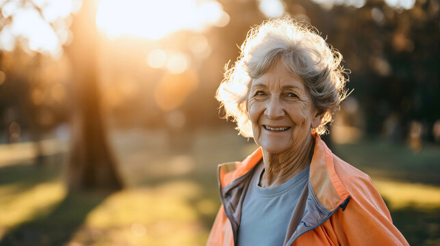 Portrait of the elderly female pensioner, old woman with gray hair wearing a jacket, walking outdoors in the sunny autumn, summer or spring morning, looking at the camera and smiling.Healthy lifestyle