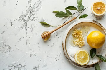 Lemon salt bath and honey on rustic background Good for background and space